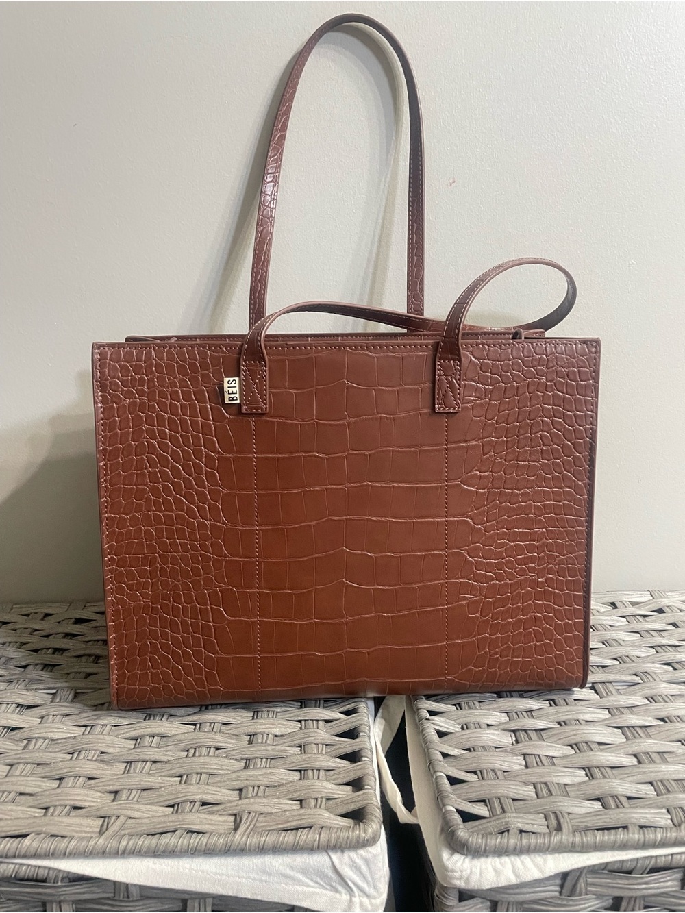 BEIS Croc-Embossed Structured Tote in Brown
